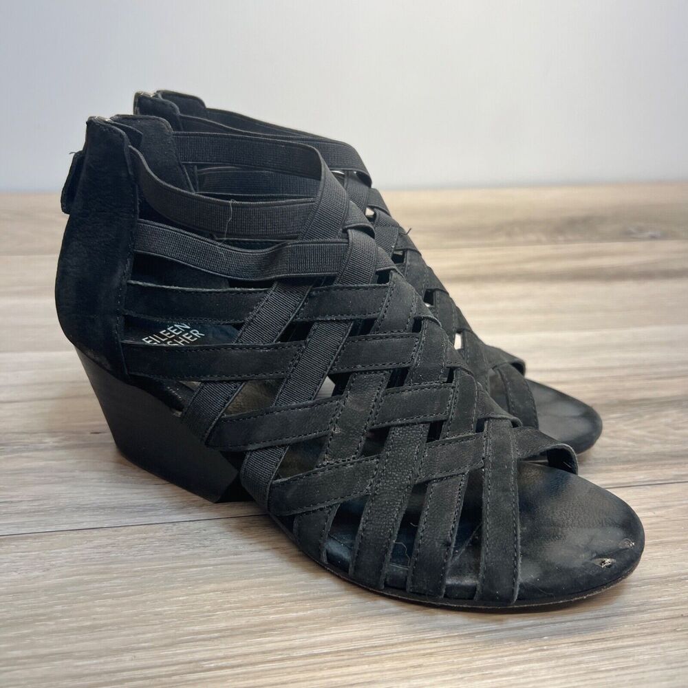 Eileen Fisher Shoes Womens 6 Oodle Sandal Black Nubbuck Strap Cage Chunky Heel
